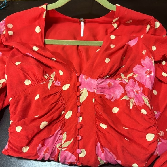 Free People long sleeve red mini dress with flowers and cream polka dots. Size S - Picture 6 of 9